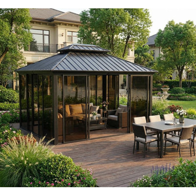 12x16 ft Hardtop Gazebo Solarium, All-Aluminum Enclosed Sunroom with Sliding Doors for Patio