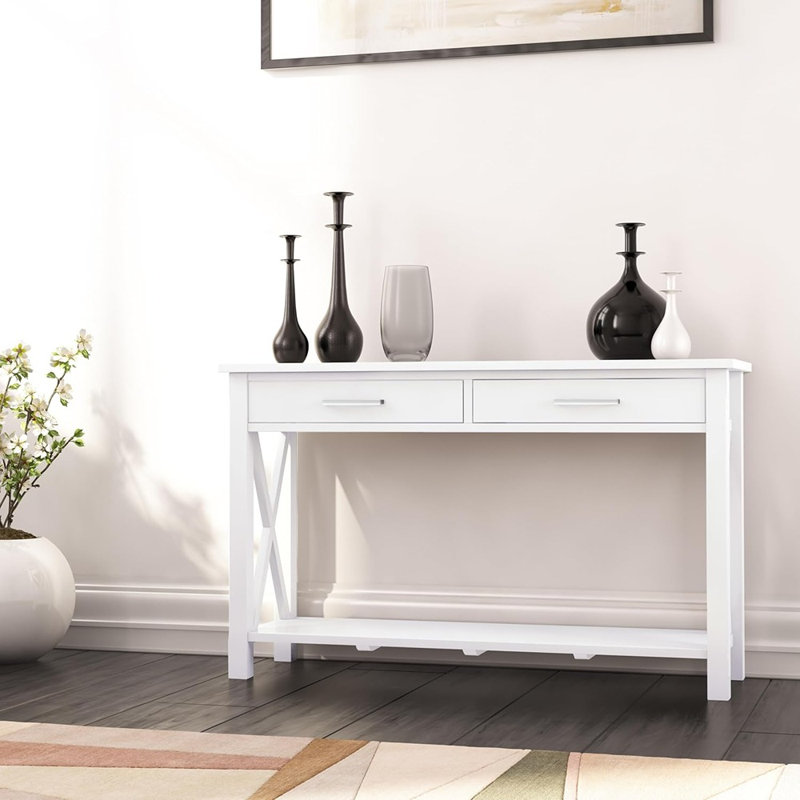 Console 47 po en bois massif avec tiroirs et tablette, blanc