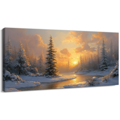  Art mural de Noël scène d'hiver, impression de toile coucher de soleil forêt enneigée, image de décoration murale nature, affiche de rivière d'hiver douillette pour le salon, œuvre d'art suspendue de vacances, 48 x 24 pouces