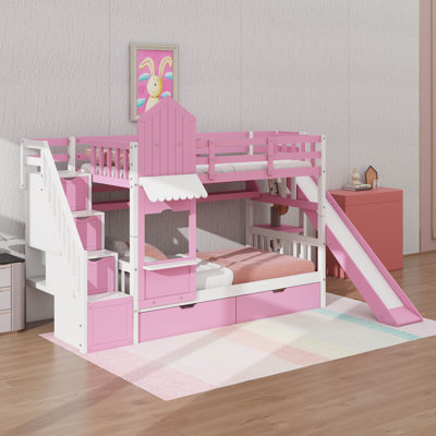 Lit superposé simple de style château simple, lit superposé en bois avec 2 tiroirs et 3 tablettes, clôture pleine longueur, cadre de lit avec glissière