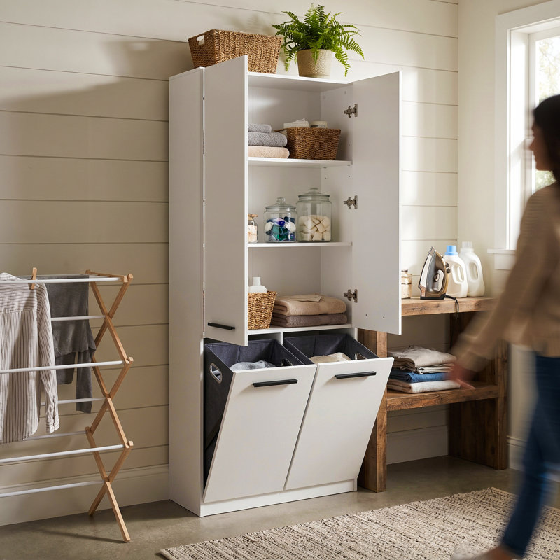 White Bathroom Laundry Cabinet With Strong Storage