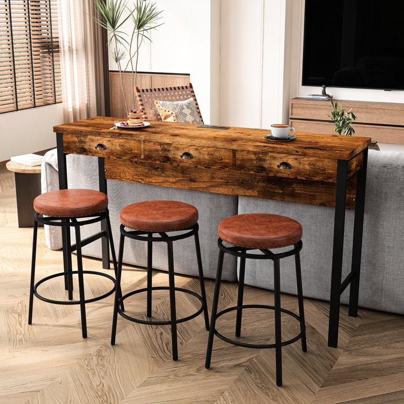 3 longues tables de couleur brune. Avec prises de courant et tabourets de pu. Combinaison de métal robuste. Poignées élégantes en forme de coquillage. Sièges moelleux. Pour différentes zones. Repas faciles à assembler avec brun.