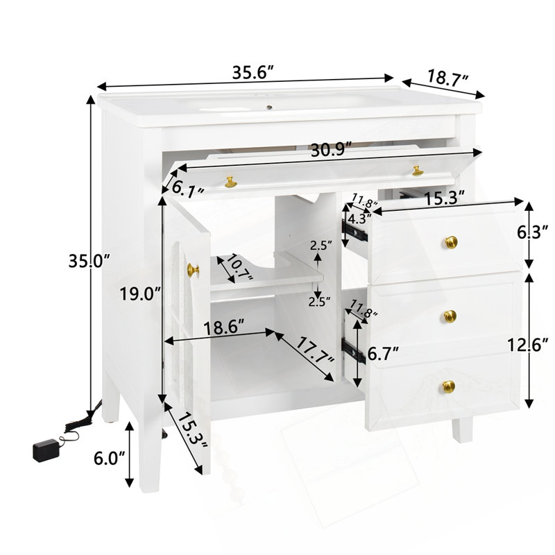 35.6" Mid-Century Bathroom Vanity Sink, White