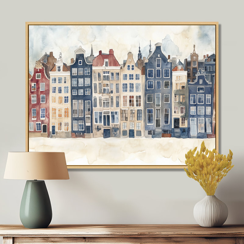 Maisons des canaux d'Amsterdam - Tableau encadré sur toile représentant un paysage urbain bleu marine, H 34 po x l 44 po