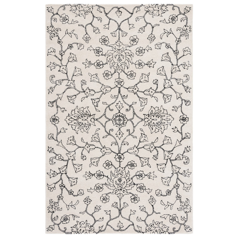Elizaida Hand Tufted Wool/Viscose Floral Rug in Ivory/Black, Square 6'