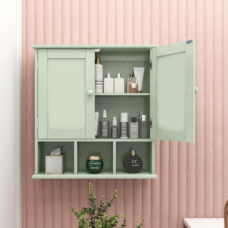 Armoire murale de salle de bain de style minimaliste avec 2 portes et tablettes réglables, Vert