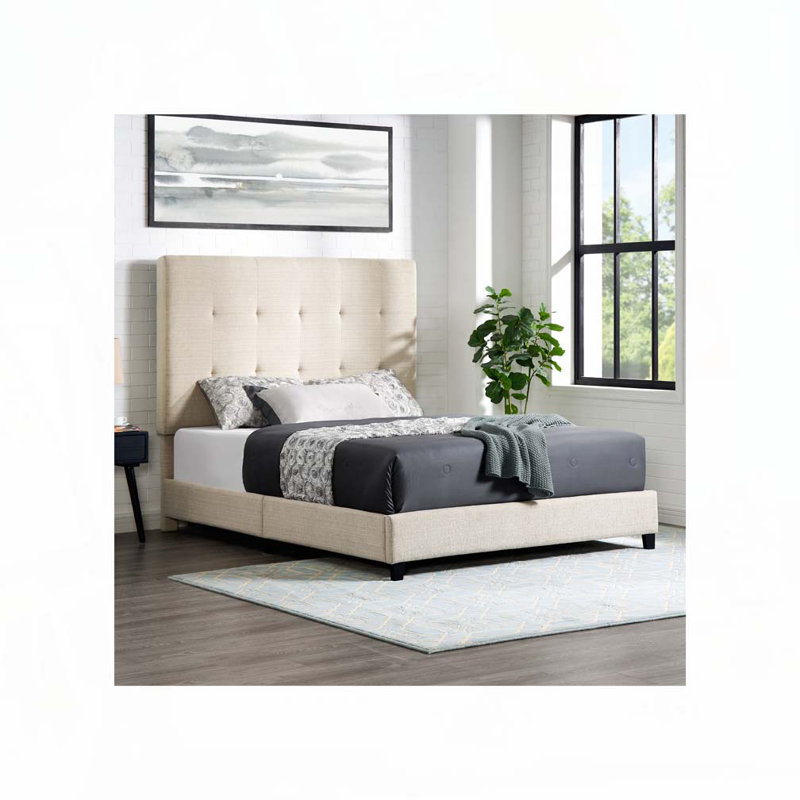 Tufted Upholstered Platform Bed, Beige, Queen