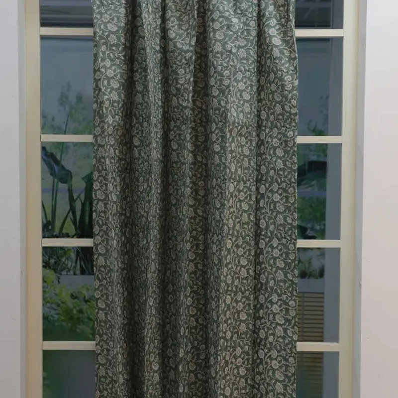 Fabdivine Handmade Green Door and Window Sheer Panel Plated Curtain Linen, Himachal, 27" W x 36" L