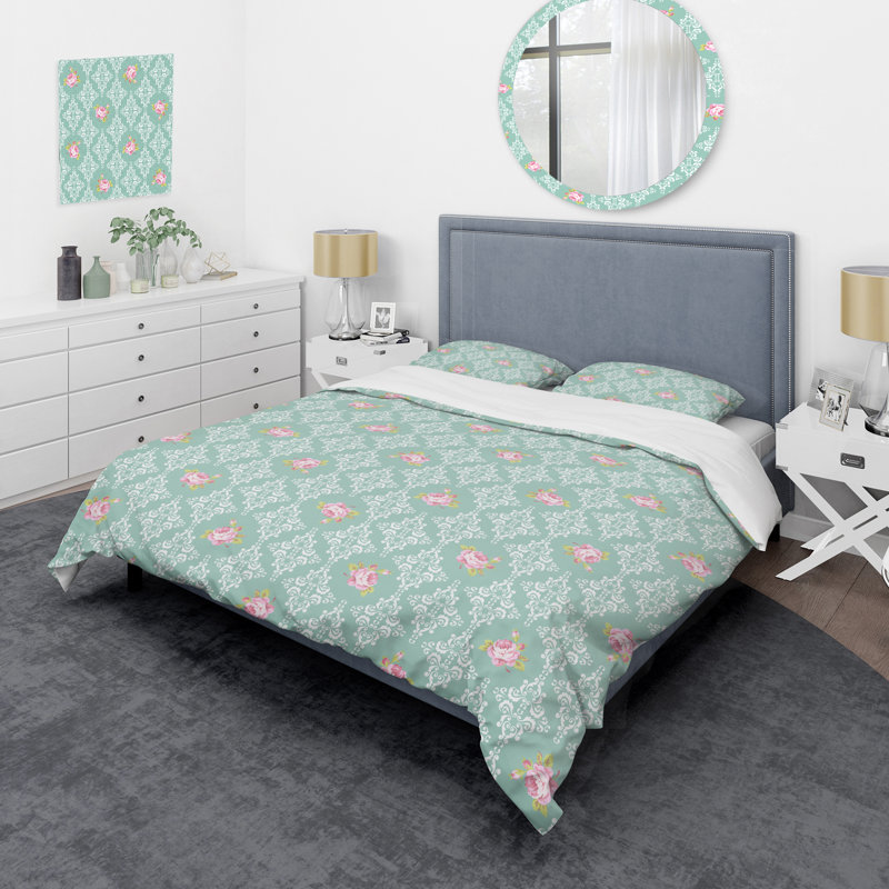 Damas vert et rose - ensemble de housse de couette abstrait - microfibre de polyester