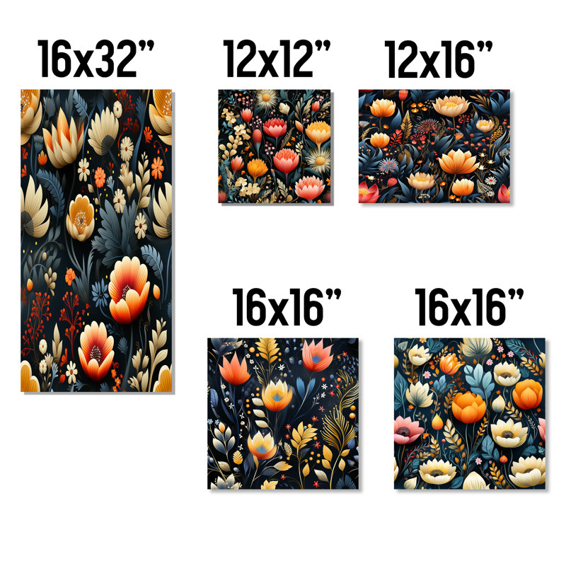 «Whimsical Bohemian Bliss Floral» - Ensemble de 5 décorations murales florales, Toile tendue