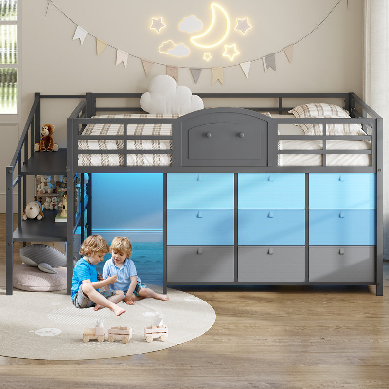 Lit mezzanine bas avec 9 tiroirs, lit mezzanine double en métal avec lumières DEL et espace de rangement sous le lit, gris