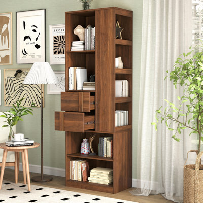 Grande armoire de rangement avec tiroirs, tablettes ouvertes et portes cannelées, rangement mixte