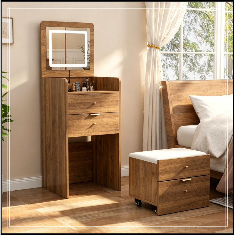 Vanity Desk with 3 Drawers and Rolling Stool