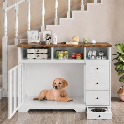 Mobilier de cage pour chien de taille moyenne, chenil en bois pour l'intérieur avec tablettes de rangement, 3 tiroirs et bol dissimulé, table d'appoint moderne avec cage pour animaux de compagnie, jusqu'à 120 lb, L 48 po, serrure en acier