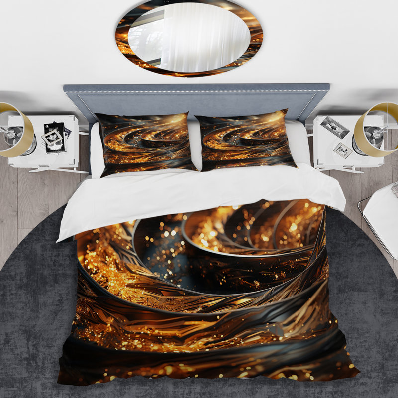 Bright Gold Black Spiral I - Abstract Spirals Duvet Cover Set, Twin Duvet Cover + 1 Standard Sham