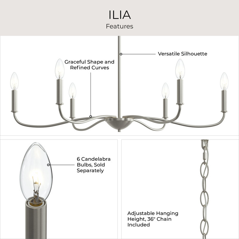Ilia 6-Light Brushed Nickel Large Chandelier, Brushed Nickel, 18.25" H x 34" W x 34" D