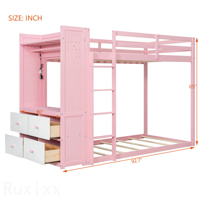 Lit simple superposé simple avec 4 tiroirs de rangement, rail suspendu, bande lumineuse et tablettes intégrées et 2 panneaux perforés, 3 couleurs disponibles, rose