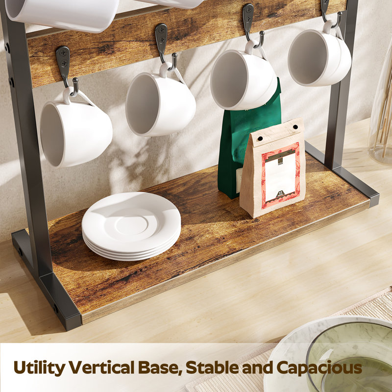 Jessical Coffee Mug Holder for Counter, 2 Tier Mug Tree Rack, with 8 Hook and 2 Open Shelves, Vintage Mug Holder Stand for Home Kitchen