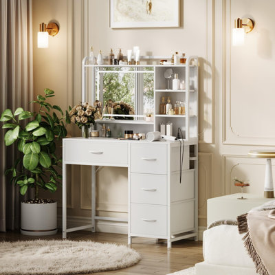35.4" Makeup Vanity Desk with Mirror & Adjustable LED Lights, 4 Fabric Drawers, Storage Shelves, Beauty Table for Bedroom