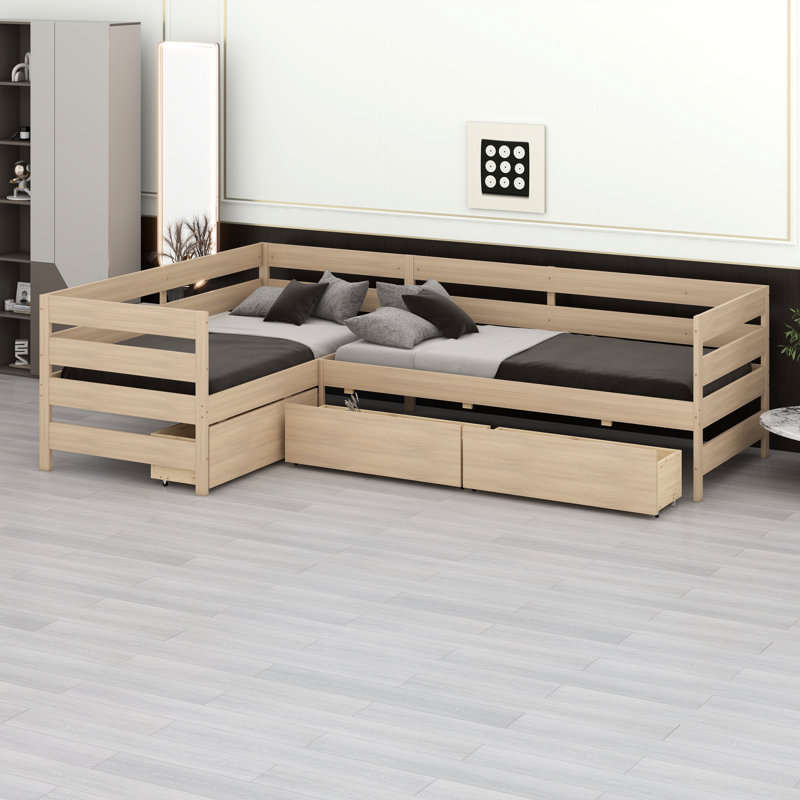 Lit plateforme simple en forme de L avec 3 tiroirs de rangement, cadre de lit en bois massif avec garde-corps de sécurité
