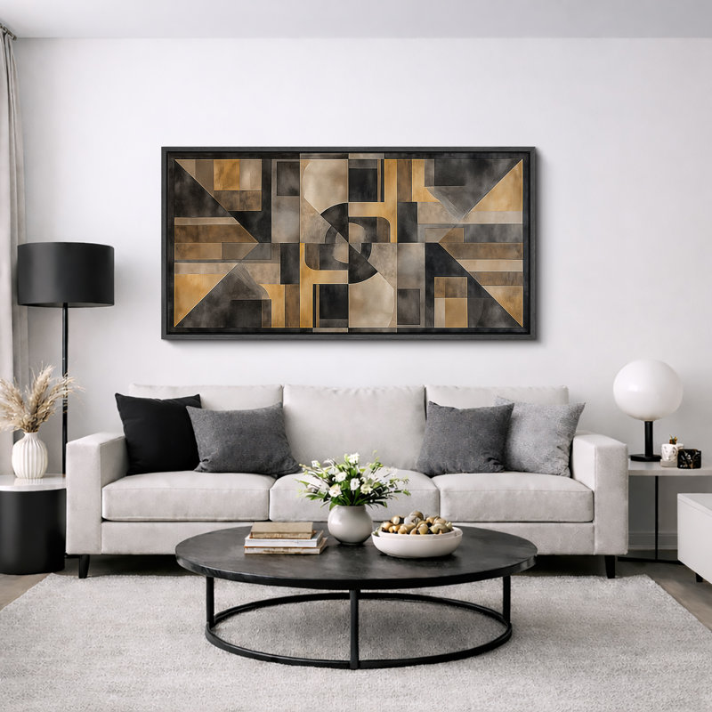 Impression sur toile encadrée géométrique or et gris anthracite, H 30 po x l 60 po, Noir
