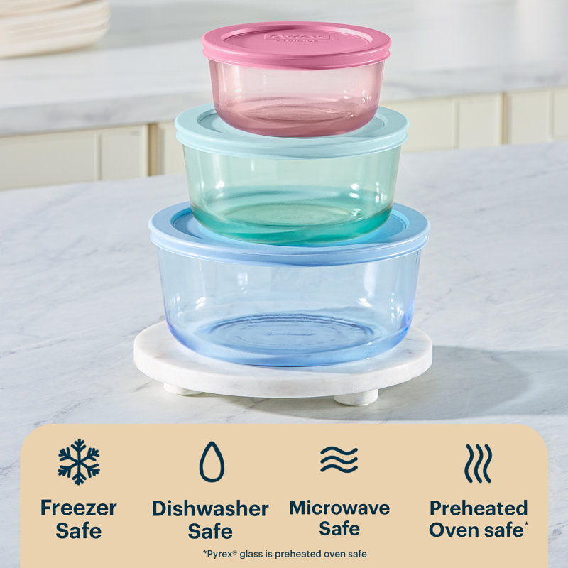 Pyrex Simply Store Tinted 6-Piece Round Glass Storage Container Set with Mixed Color Lids (3 Containers with 3 Lids)
