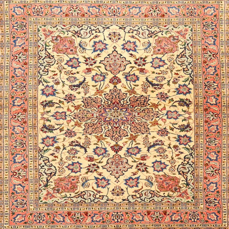 Tapis oriental orange / beige / bleu, Carré 6 pi
