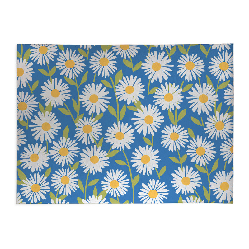 Sweet Daisy Thin Lightweight Kitchen Mat, Ultramarine Blue, Rectangle 3' x 5'