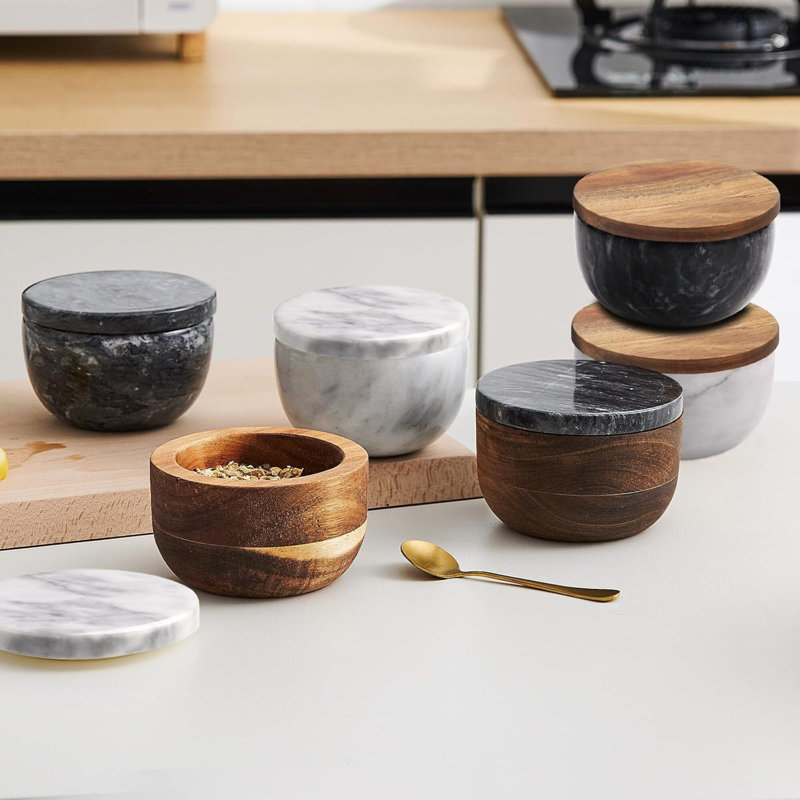 Grande boîte à sel en bois avec cuillère à sel et cuillère à sel Porte-sel en acacia naturel massif Couvercle en marbre