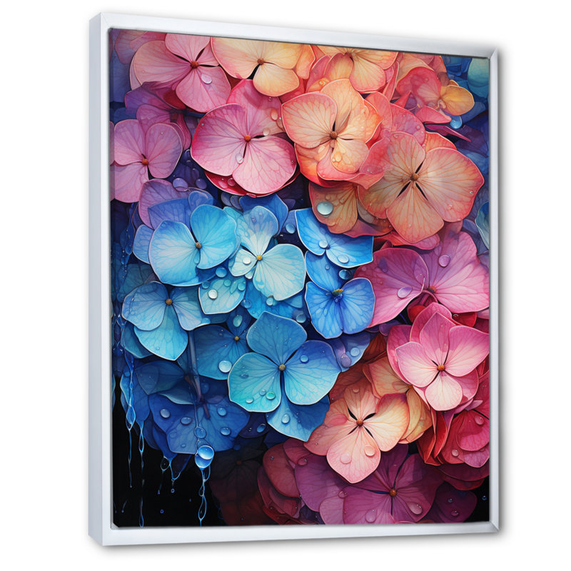 Hydrangées bleues et roses - Pétales surréels, H 40 po x l 30 po x P 1,5 po, Cadre flottant blanc