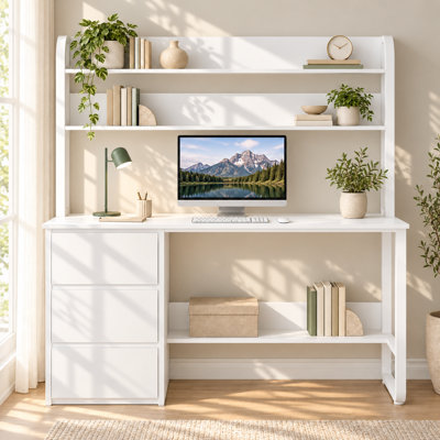 Bureau d'ordinateur avec huche et tablettes, bureau de 60 pouces avec 3 tiroirs pour les petits espaces, bureau d'écriture avec rangement pour lit, pieds réglables