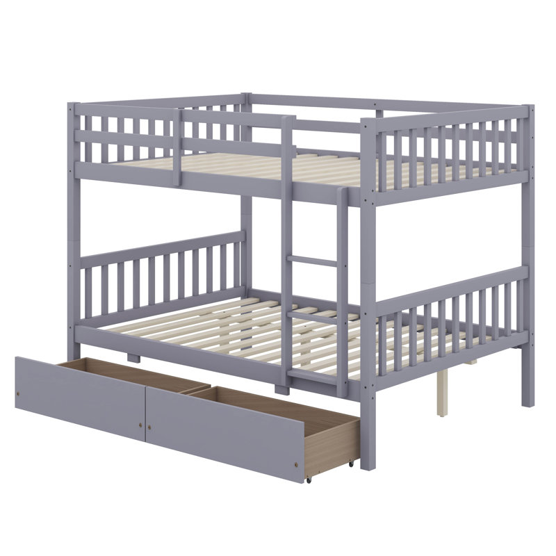 Rubber Wood Bunk Bed – 2 Drawers, Ladder, Safety Guardrails & Convertible To 2 Beds, Gray