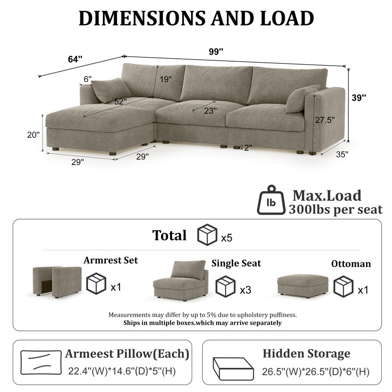 Canapé modulaire de 99 po avec rangement, Chenille gris pâle, H 39 po x l 99 po x P 64 po 