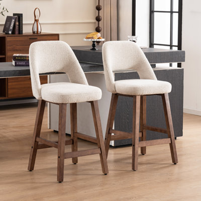 Mid-Century Modern Upholstered Boucle Fabric Barstools, Armless Counter Stools With Wooden Legs For Kitchen Island Bar Counter