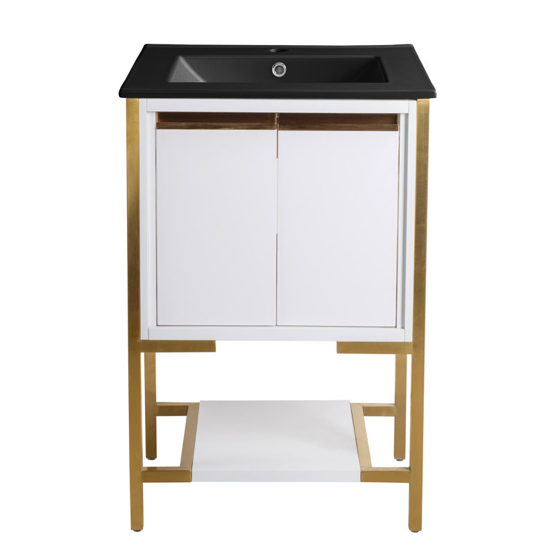Meuble-lavabo 24 po Marseille, Noir mat, Blanc et or brossé