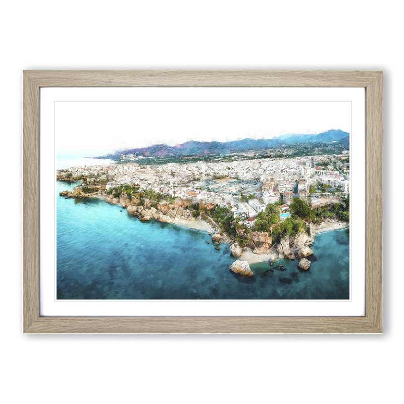 Coastline of Nerja in Spain - Picture Frame Graphic Art, Oak Framed, 27cm H x 36cm W x 2cm D