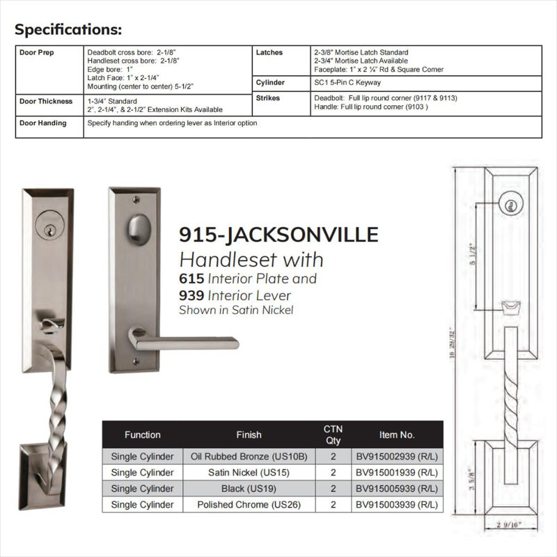 Bravura 915 Jacksonville/615 Interior/939 Charlotte Left Hand Handleset US15, Satin Nickel, Left