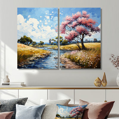 Pissenlits Vangogh dans la prairie I - Art mural traditionnel bleu 2 panneaux