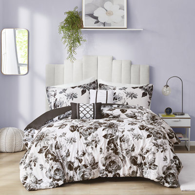 Couette double/double XL à imprimé floral noir et blanc doux, 1 taie d'oreiller, coussins décoratifs, garnissage, couette queen facile d'entretien, microfibre, 2 taies d'oreiller assorties, carrée, lavable à la machine