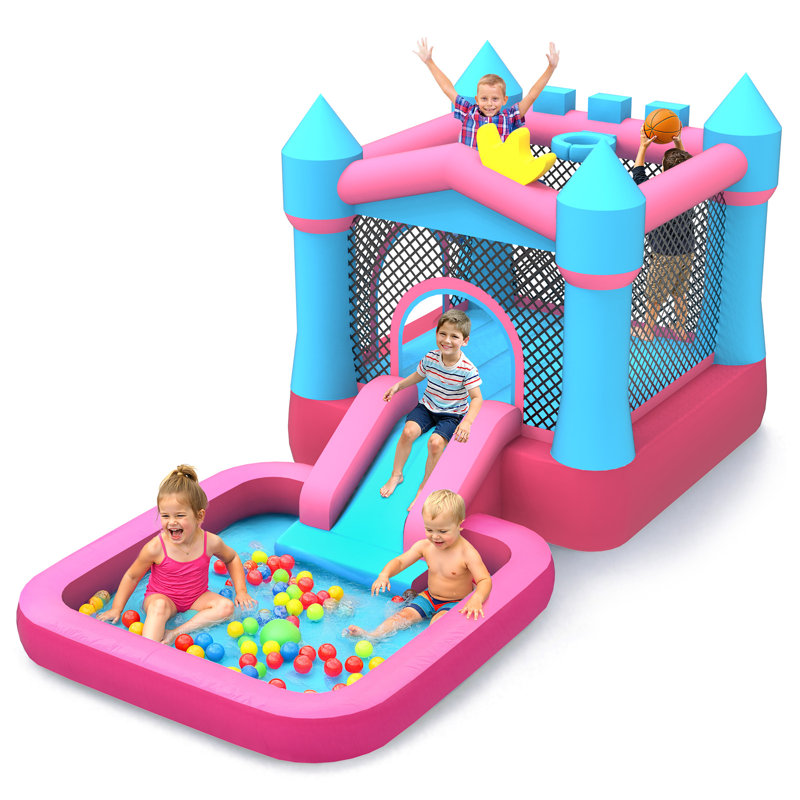 Château gonflable pour enfants avec toboggan et piscine de Mukidy, Rose
