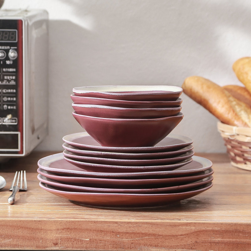 Wine Glazed Ceramic 16-Piece Dinnerware Set with Textured Accent