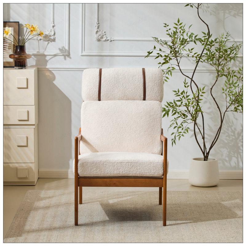 Fauteuil d'appoint Mid-Century moderne, structure en bois massif avec dossier haut, coussins rembourrés Boucle, conception ergonomique pour le salon et la chambre à coucher