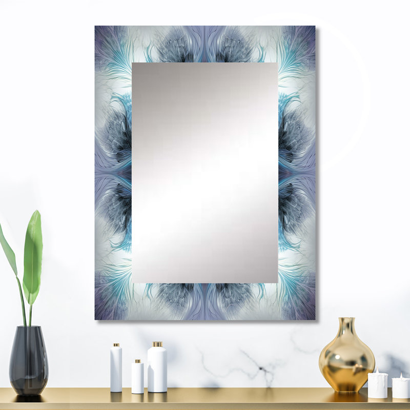Lettunich turquoise et fleurs blanches fractales III - décor de miroir mural géométrique unique, grand miroir moderne, art imprimé en métal