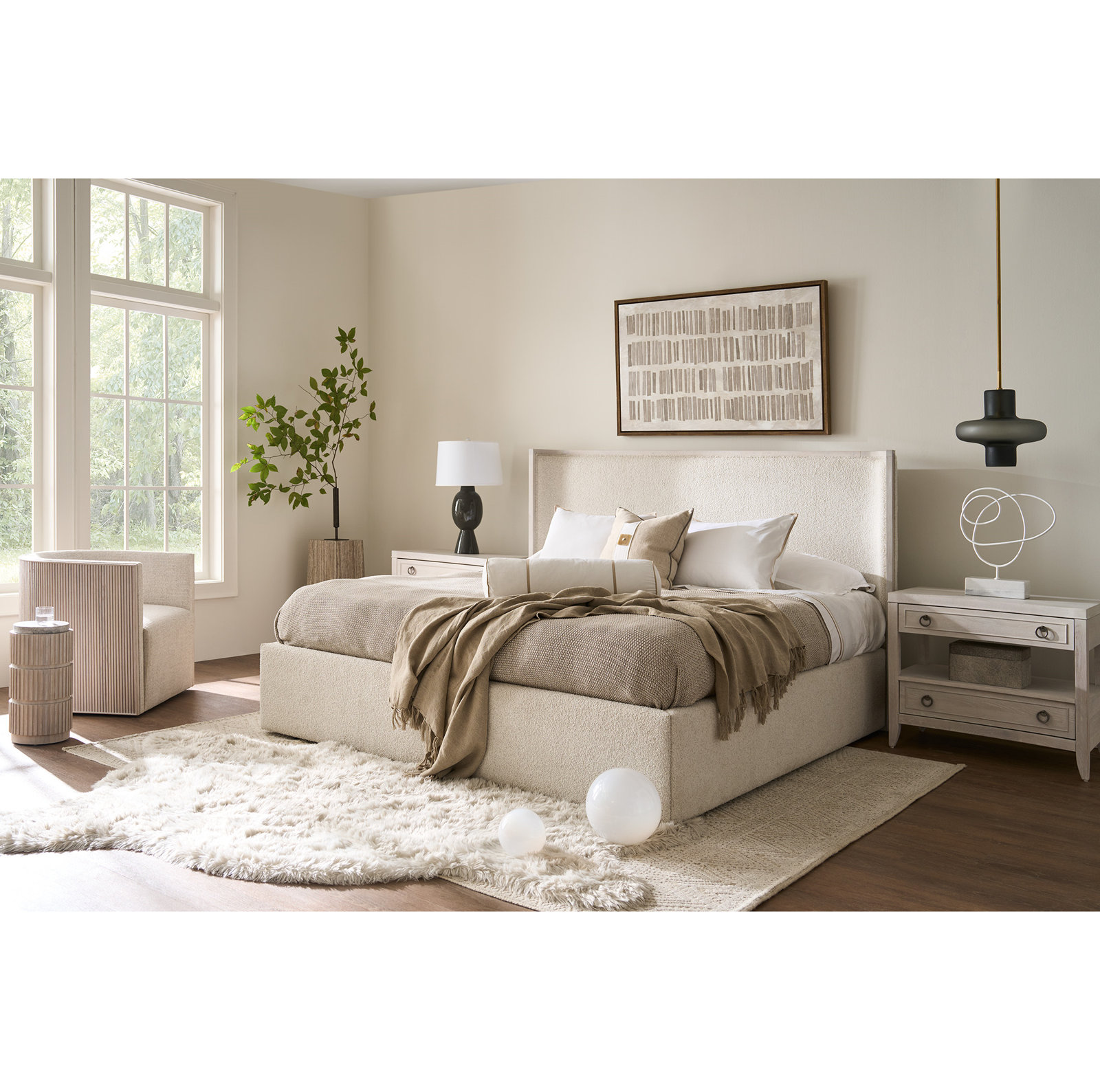 Caterina Storage Oak Bed, White Oak/Sheldon Ivory, Queen