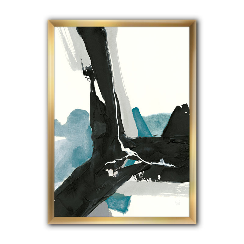 «Geometric Black and Teal III», reproduction sur toile encadrée, H 46 po x l 36 po x P 1,5 po, Cadre doré