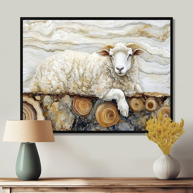 Drislane doré marbré un mouton en bois - art mural moutons, H 30 po x l 40 po, Noir, Impression encadrée flottante
