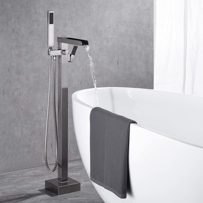 Waterfall Tub Filler With Hand Shower For Bathroom - Brushed Nickel Floor Mount, Corrosion Design Mount Faucet Spout And Nickel, Rust