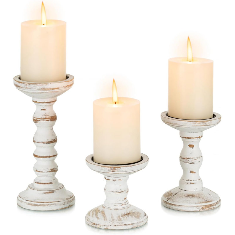 Porte-bougies en bois pour pilier: Ensemble de 3 porte-bougies rustiques en bois blanc