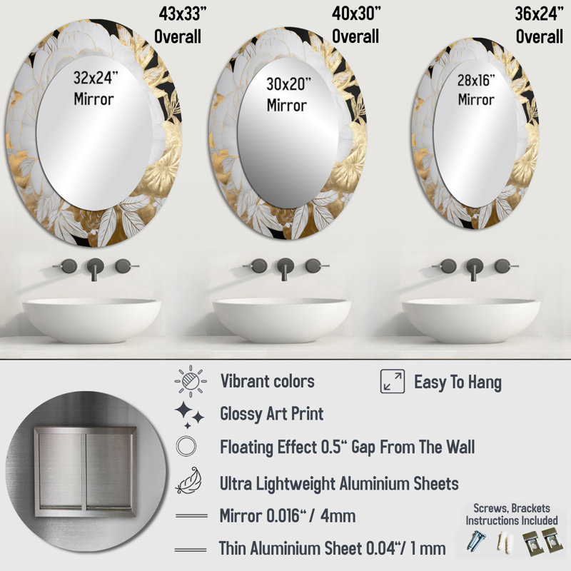 Exquisite White Rose Blooming Floral Gold Glam III - Floral Oval Decorative Mirror On Metal, 40" x 30"