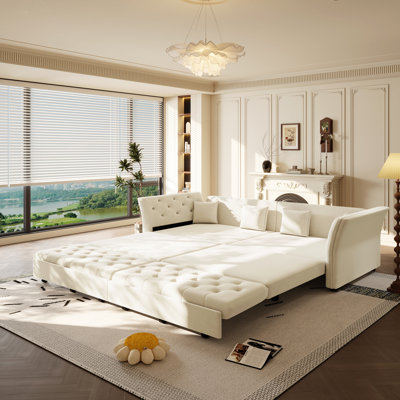 100" Oversize Pull-Out Sofa Bed, Affordable Convertible Sleeper Sofa With Tufted Velvet Upholstery, Multi-Functional Loveseat For Living Room & Bedroom - Beige